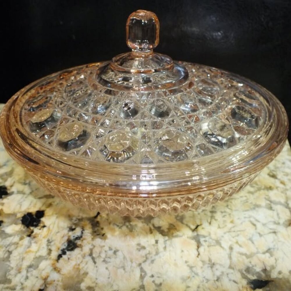 Vintage Indiana Glass Windsor Light Pink Glass Candy Dish with Lid